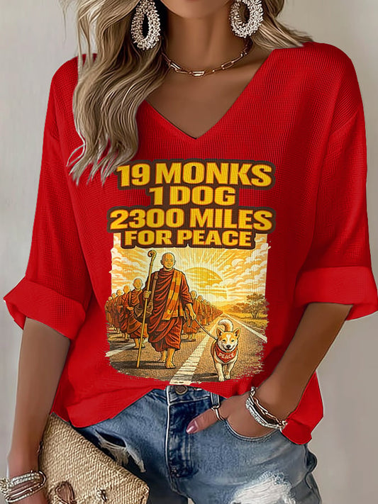 OndineStudios V-Neck Retro Walk For Peace 19 Monks 1 Dog 2300 Miles For Peace Print T-Shirt