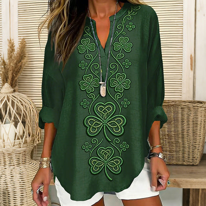 OndineStudios Women's St. Patrick's Day Shamrock Pattern V-neck Casual T-shirt