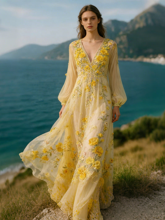 OndineStudios Vintage Boho Print V Neck Long Sleeve Flowy Maxi Dresses