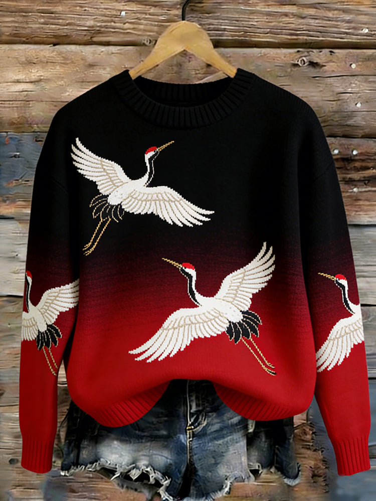 OndineStudios Retro Japanese Gradient Crane Pattern Women's Knit Sweater