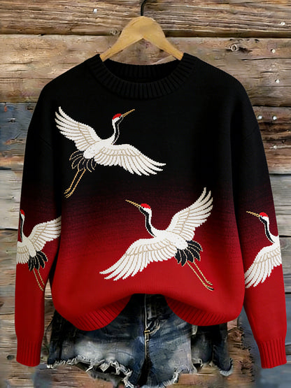 OndineStudios Retro Japanese Gradient Crane Pattern Women's Knit Sweater