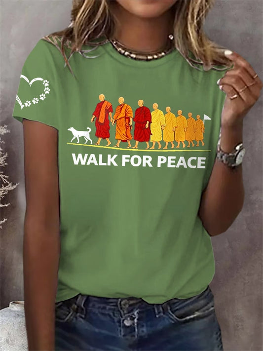 OndineStudios Retro Walk For Peace Monks With Aloka Dog Print T-Shirt