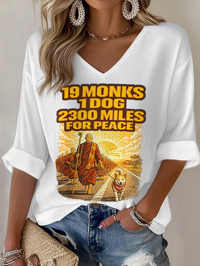 OndineStudios V-Neck Retro Walk For Peace 19 Monks 1 Dog 2300 Miles For Peace Print T-Shirt