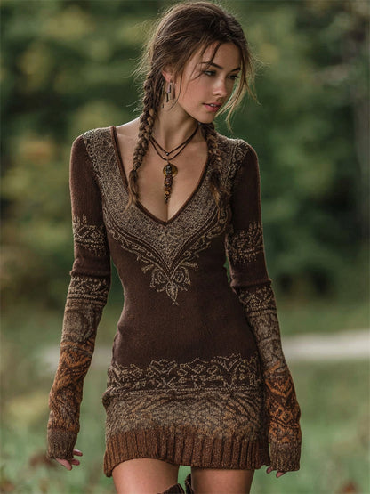 OndineStudios Vintage Mystical Ethnic Contrast V Neck Knit Sweater Dress