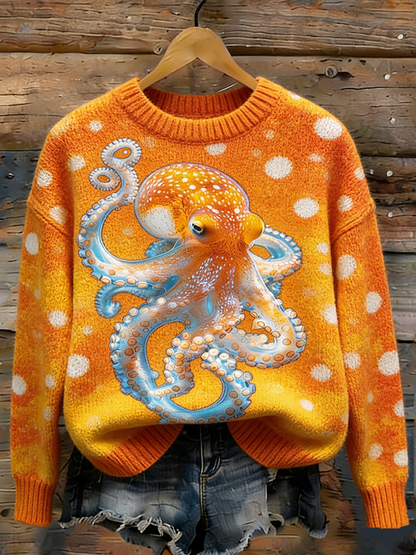 OndineStudios Retro Polka Dot Octopus Pattern Round Neck Sweater