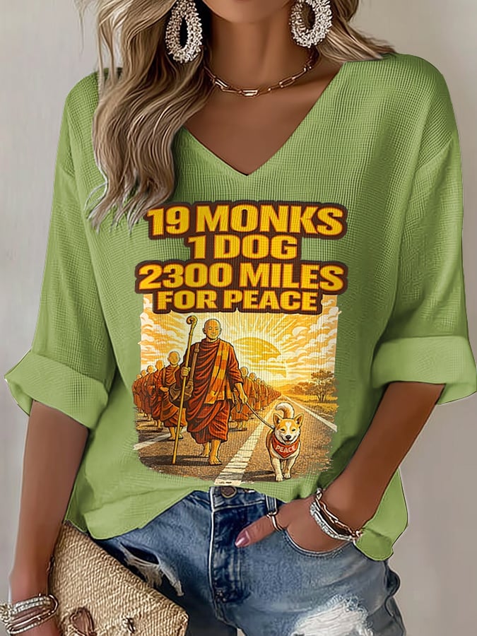 OndineStudios V-Neck Retro Walk For Peace 19 Monks 1 Dog 2300 Miles For Peace Print T-Shirt