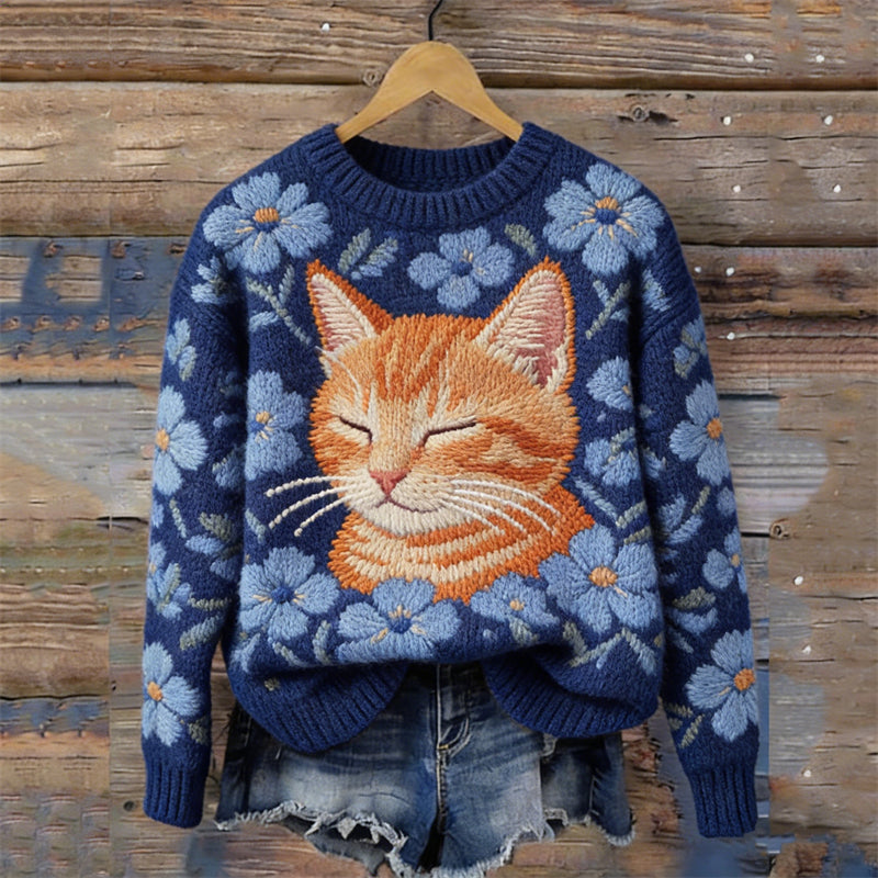 OndineStudios Lovely Dozing Cat Floral Cozy Knit Sweater