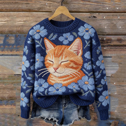 OndineStudios Lovely Dozing Cat Floral Cozy Knit Sweater