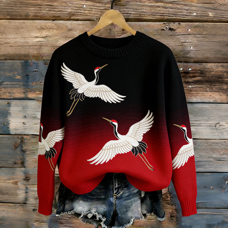 OndineStudios Retro Japanese Gradient Crane Pattern Women's Knit Sweater