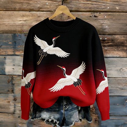 OndineStudios Retro Japanese Gradient Crane Pattern Women's Knit Sweater