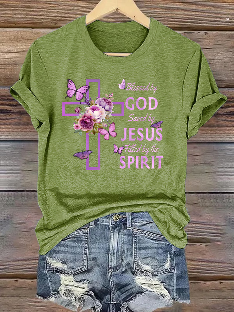 OndineStudios Blessed by God Saved by Jesus Filled by the Spirit T-Shirt - Christian Cross Faith Graphic Tee