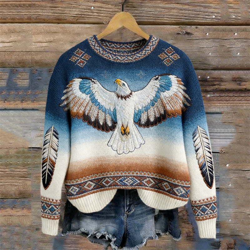 OndineStudios Vintage Eagle Western Ethnic Gradient Cozy Knit Sweater