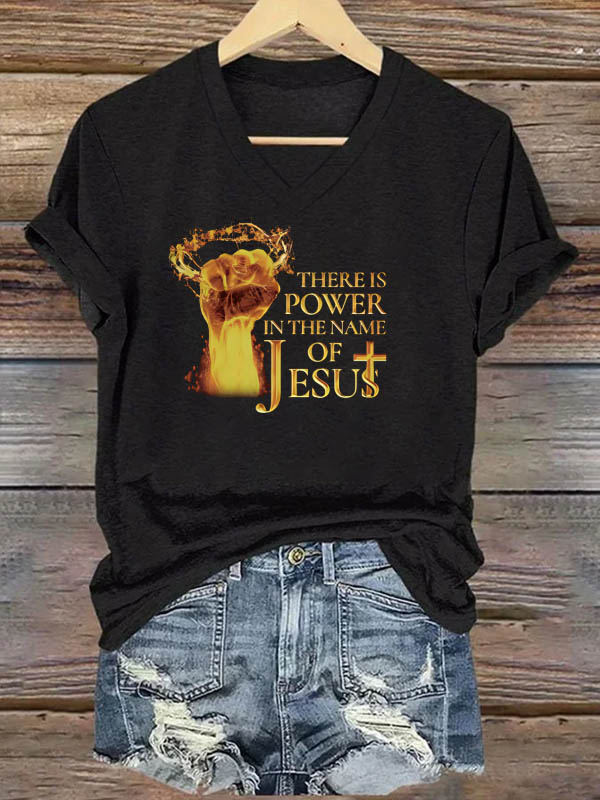 OndineStudios Women's There Power In The Name Of Jesus  Pattern Print V Neck Casual T-Shirt
