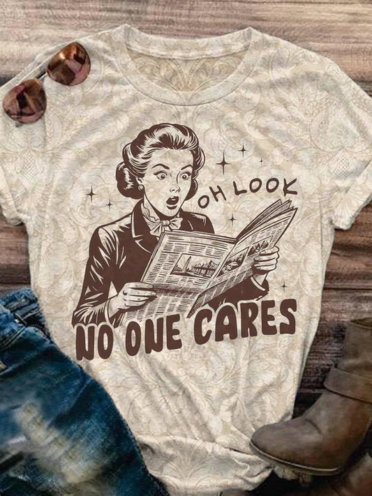 OndineStudios No One Cares Retro Graphic Printed Crew Neck Women's T-shirt