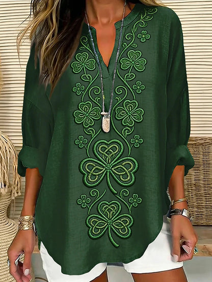 OndineStudios Women's St. Patrick's Day Shamrock Pattern V-neck Casual T-shirt