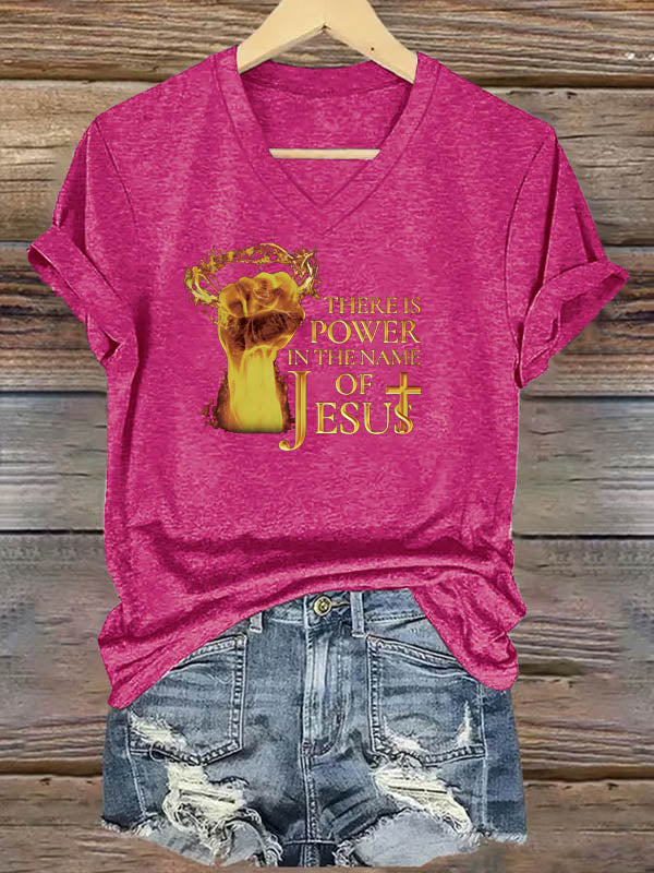 OndineStudios Women's There Power In The Name Of Jesus  Pattern Print V Neck Casual T-Shirt