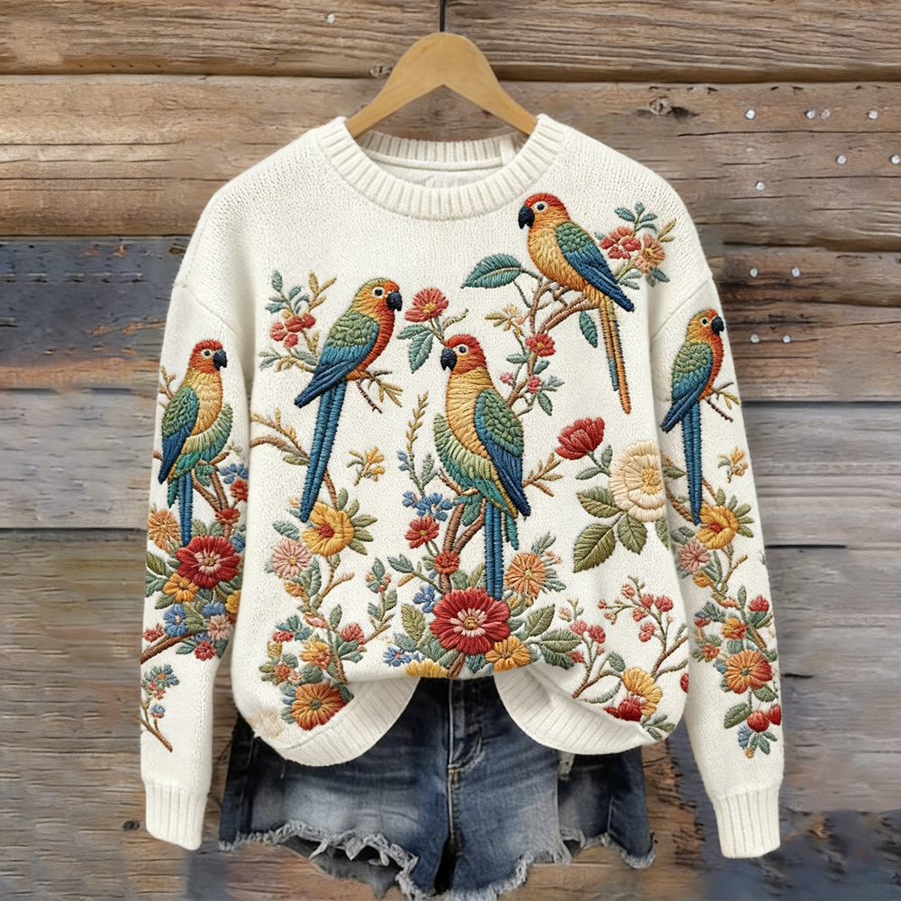 OndineStudios Women's Vintage Parrot Floral Art Cozy Knit Sweater