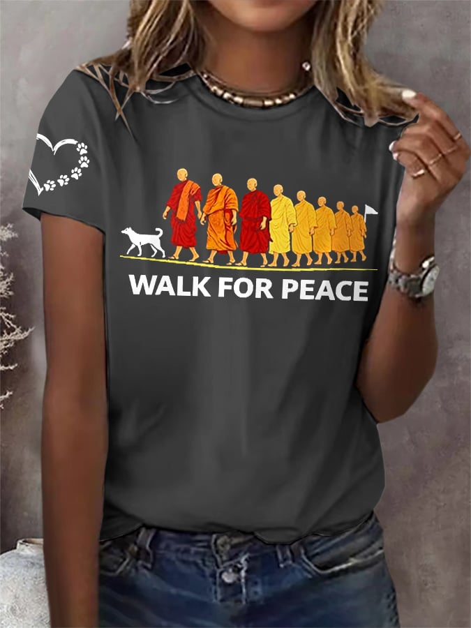 OndineStudios Retro Walk For Peace Monks With Aloka Dog Print T-Shirt